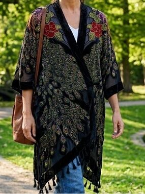 Velvet Burnout World Market Peacock Floral Kimono Tassel Trim OS Boho Whimsygoth